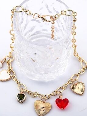 Anthropologie Gold Heart Charm Necklace with Red & Dark Green Accents